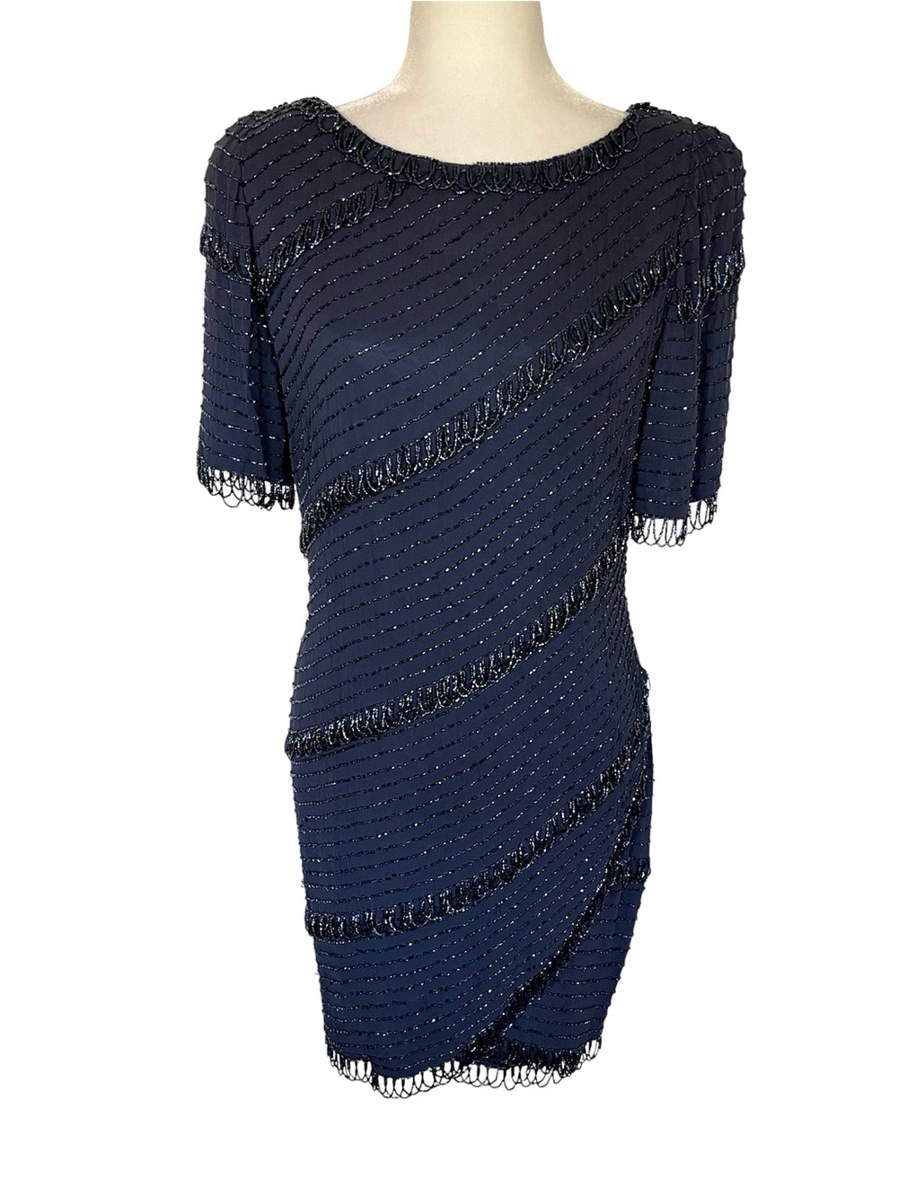 Vintage Black Tie Oleg Cassini Blue Fully Beaded 100% Silk Short Dress